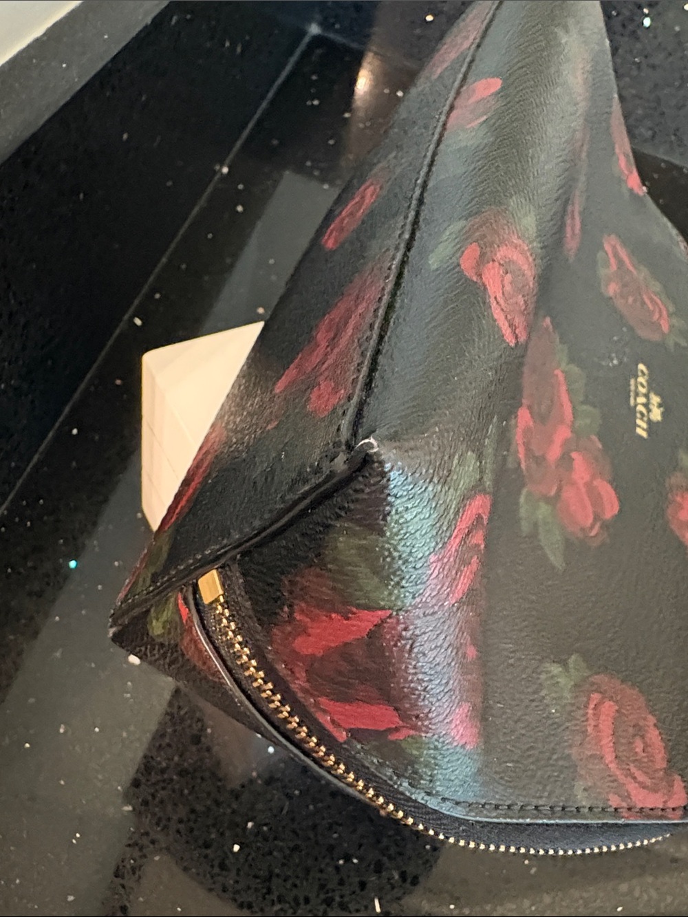 *COACH Black Rose Print Zip Cosmetic Ditty Pouch Bag Clutch Shabby Chic Goth - Picture 8 of 16
